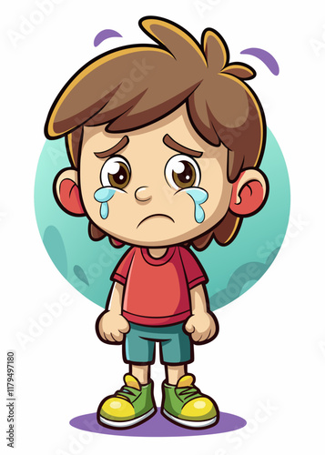 Sad kid with tear rolling down cheek, emotional facial expression, unhappy child vector illustration. Depressed young boy crying, sorrowful face, grief-stricken child cartoon character.