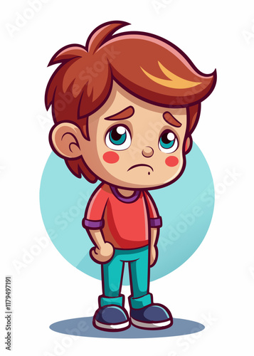 Sad kid emotional facial expression, unhappy child vector illustration. Depressed young boy crying, sorrowful face, grief-stricken child cartoon character.