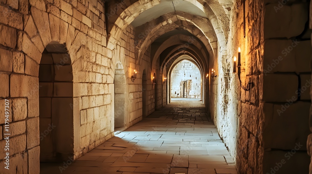 Fototapeta premium A medieval castle hallway with stone walls and flickering torches.