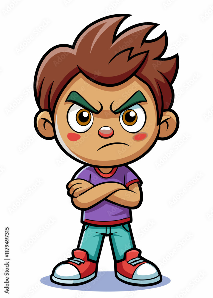 Angry child with crossed arms and furrowed brows, expressing frustration, Annoyed toddler showing displeasure in cartoon vector illustration. Angry child with crossed arms and furrowed brows, expressing frustration, Annoyed toddler showing displeasure in cartoon vector illustration.