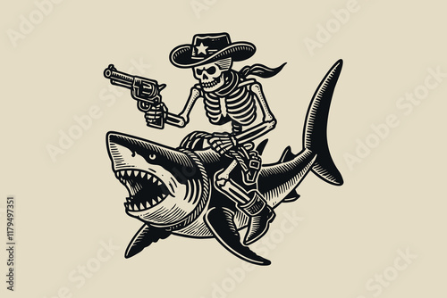 Cowboy  skeleton riding a shark with a gun in hand. Vintage engraving vector illustration, hand drawn sketch. Tattoo, print, woodcut	 photo