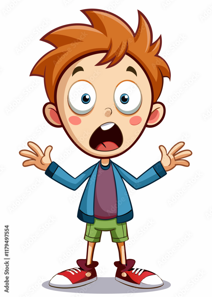 Niño sorprendido con los ojos muy abiertos y la boca abierta, con las manos levantadas por la sorpresa. Expresión infantil sorprendida, reacción de niño asombrado, niño aturdido aislado sobre fondo bl