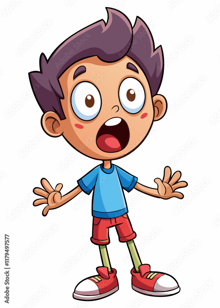 Niño sorprendido con los ojos muy abiertos y la boca abierta, con las manos levantadas por la sorpresa. Expresión infantil sorprendida, reacción de niño asombrado, niño aturdido aislado sobre fondo bl