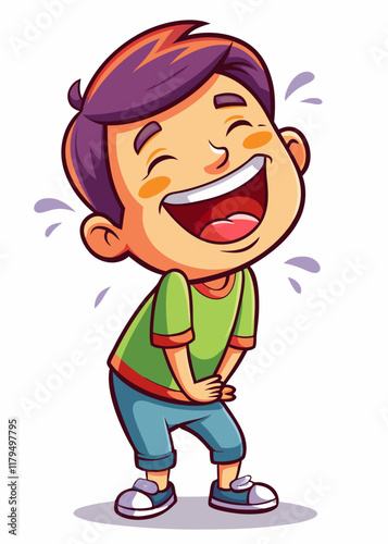 Laughing happy kid leaning back with hands on stomach, eyes closed in joy. Cheerful child enjoying a funny moment, feeling carefree and delighted.

