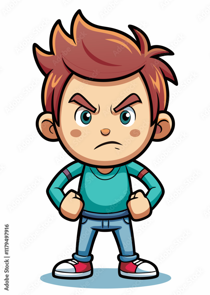 Frustrated young child stomping foot in anger, clenching fists with furrowed brows. Upset kid expressing emotions through body language, isolated vector illustration. Frustrated young child stomping foot in anger, clenching fists with furrowed brows. Upset kid expressing emotions through body language, isolated vector illustration.