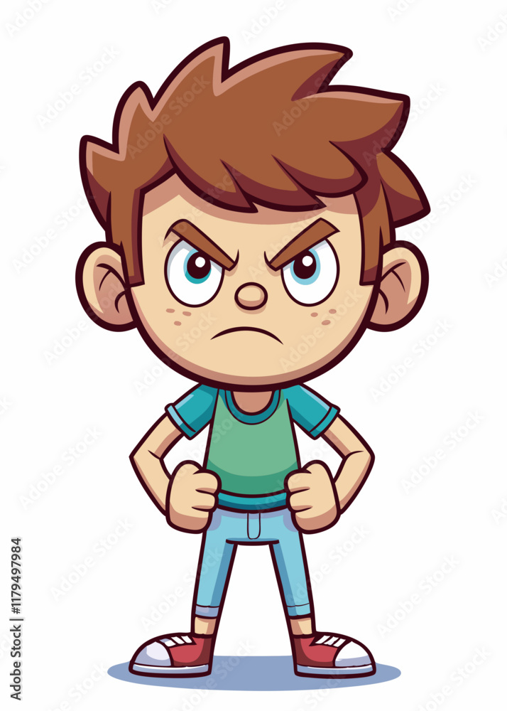Frustrated young child stomping foot in anger, clenching fists with furrowed brows. Upset kid expressing emotions through body language, isolated vector illustration. Frustrated young child stomping foot in anger, clenching fists with furrowed brows. Upset kid expressing emotions through body language, isolated vector illustration.