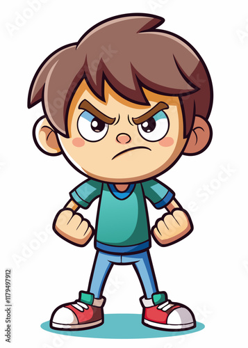  Frustrated young child stomping foot in anger, clenching fists with furrowed brows. Upset kid expressing emotions through body language, isolated vector illustration.