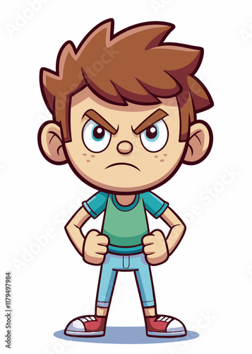  Frustrated young child stomping foot in anger, clenching fists with furrowed brows. Upset kid expressing emotions through body language, isolated vector illustration.