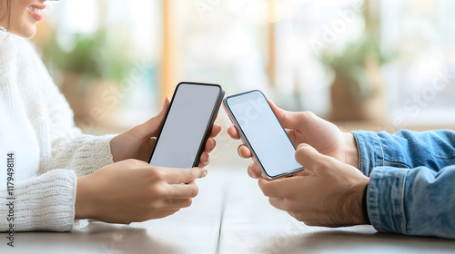 A pair of hands with smartphones sharing a moment of digital connection, reflecting modern communication in a cozy atmosphere. Perfect for app promotions or social campaigns. Selective focus photo