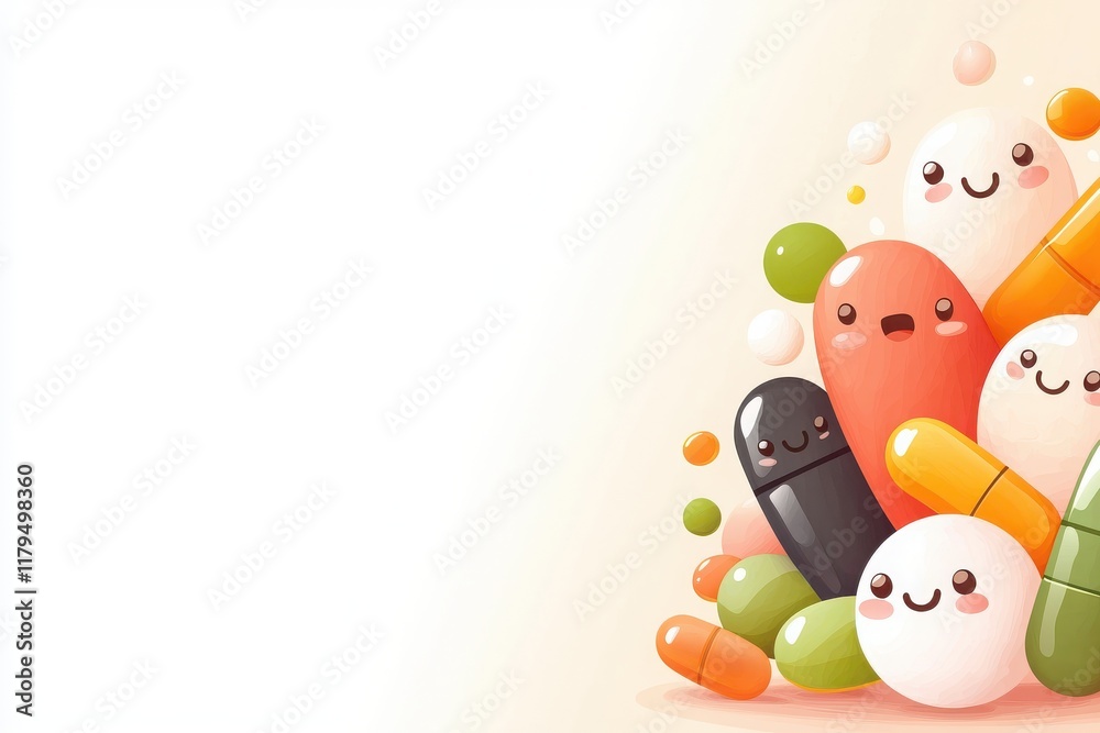 Obraz premium Colorful vitamins and healthy foods as cartoon characters whimsical scene digital art vibrant environment playful perspective health concept