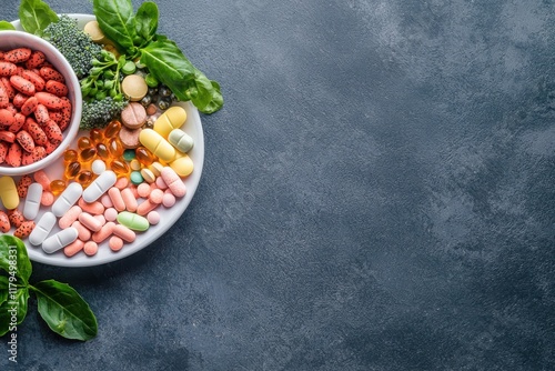 Colorful vitamin tablets and fresh greens promote health kitchen table food photography bright environment top-down view wellness concept photo