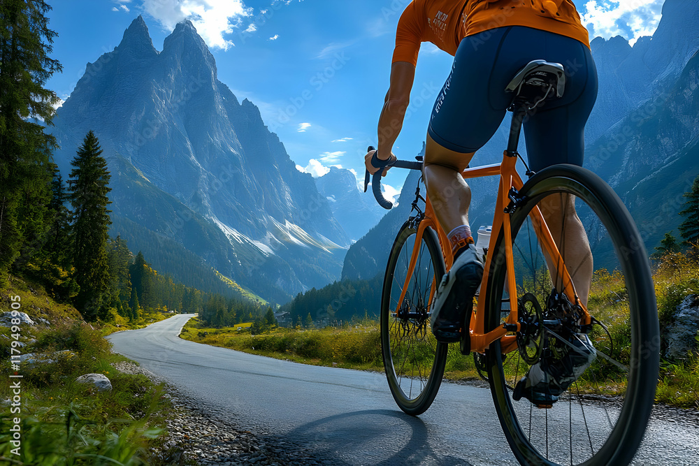 Fototapeta premium A cyclist rides a road bike on a scenic mountain road. The cyclist is wearing an orange shirt and black shorts. The road winds through a valley with h