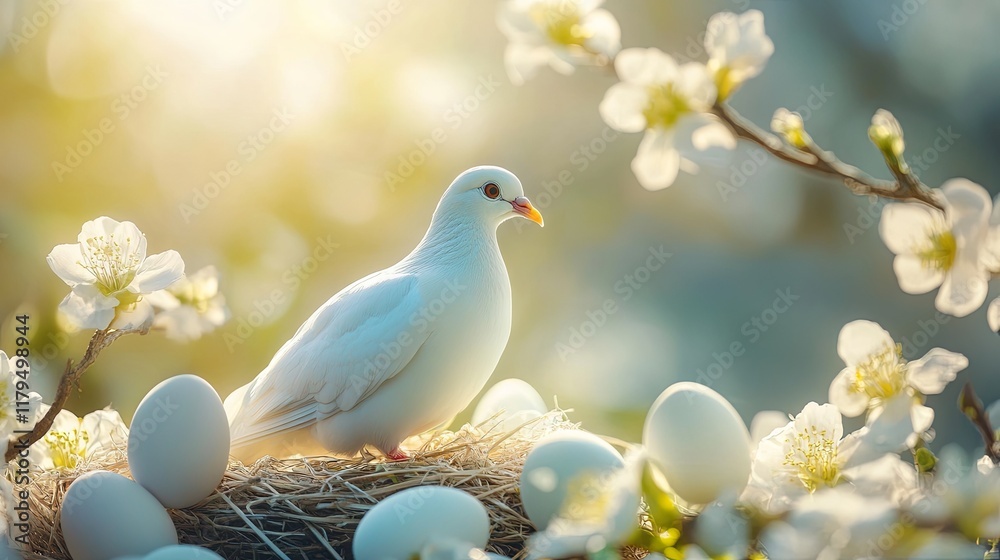 Dove and Easter eggs on spring background Dove and Easter eggs on spring background