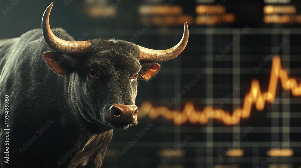 Naklejka premium Bull on the background of the growth chart. Graph growth. Banner. Generated AI