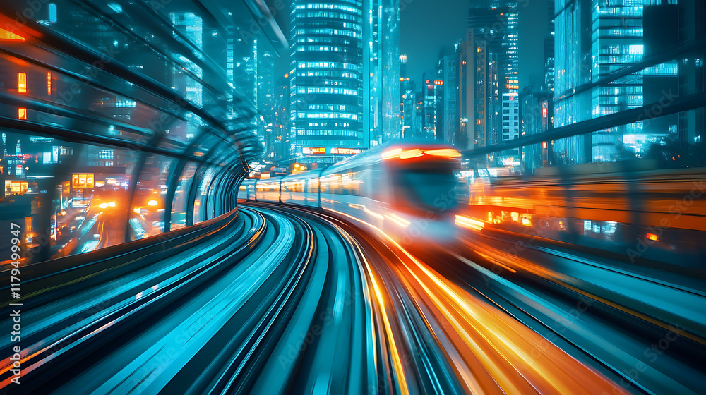A high-speed train navigating through a futuristic cityscape at night. A high-speed train navigating through a futuristic cityscape at night.