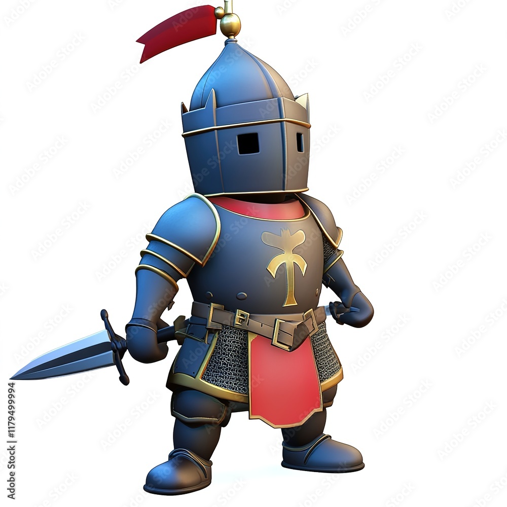 Fototapeta premium 3D Knight Character – Colorful and Playful Cartoon Warrior with Armor and Sword, Fun Fantasy Animation Art