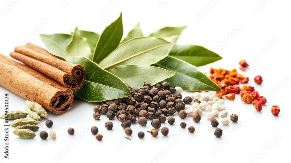Fototapeta premium Fresh bay leaves stacked in a neat pile with spices artistically scattered nearby, isolated on a pure white background.