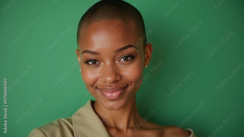 A confident young woman with a bold, buzzed haircut and warm, sun-kissed complexion gazes directly at the viewer in a sleek tan blazer against a vibrant, emerald green backdrop A confident young woman with a bold, buzzed haircut and warm, sun-kissed complexion gazes directly at the viewer in a sleek tan blazer against a vibrant, emerald green backdrop