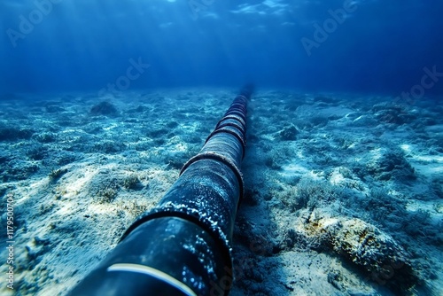 Internet cable resting on the seabed, connecting continents and facilitating seamless global communication and high-speed data transfer across expansive oceanic distances photo