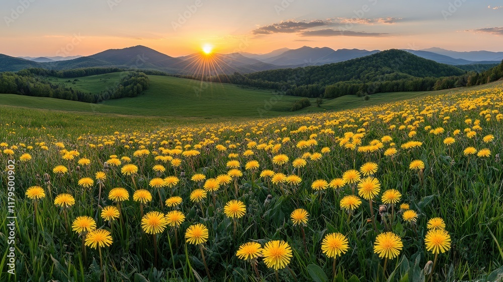 Fototapeta premium Golden light illuminates blooming wildflowers across grassy hills in the Carpathian Mountains during a tranquil sunset