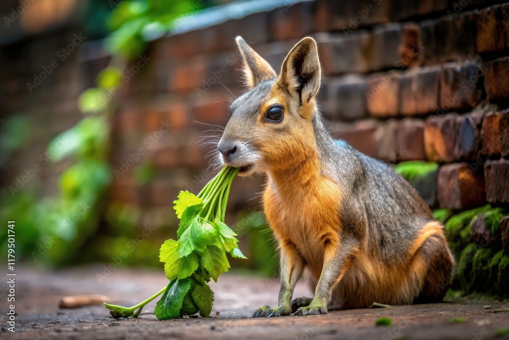 Obraz premium Concrete jungle feast: a Patagonian mara enjoys lettuce amidst urban decay.