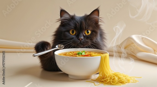 A small, vibrant fluffy black cat with bright, inquisitive eyes, fluffy whiskers, and a petite nose is peeking into a steaming hot bowl of golden-yellow noodle soup photo