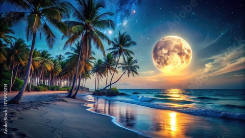 Double exposure captures a full moon's ethereal glow on a beach, creating a mystical, surreal nightscape.