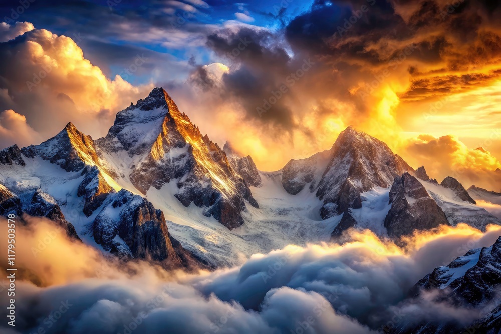 Fototapeta premium Double exposure: snowy peaks, dramatic clouds, and swirling mist create a breathtaking mountain landscape.