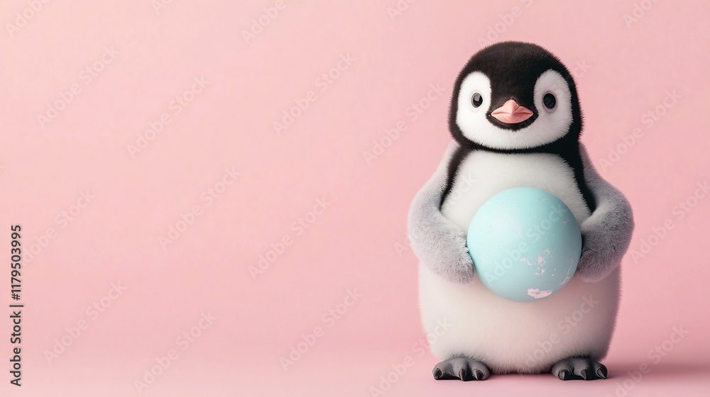 Fototapeta premium Charming Penguin Embracing the World in a Gentle Hug on a Pastel-Hued Background