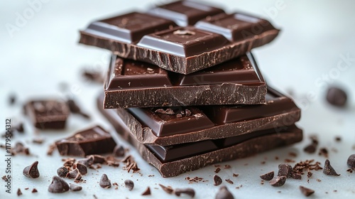 Close-up of a stack of dark chocolate bars with chocolate chips scattered around.
