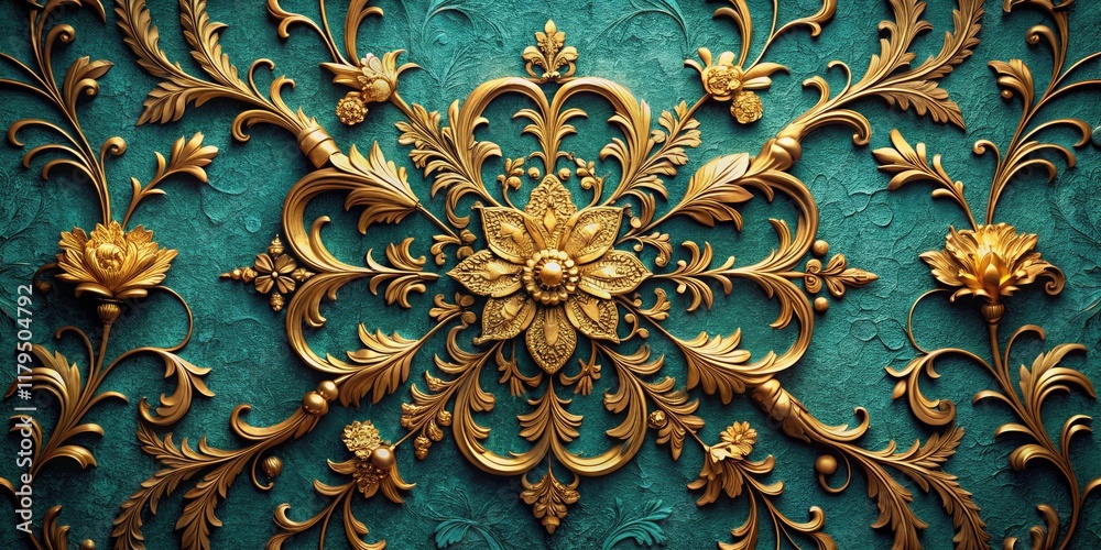 Drone's eye view: elegant gold florals bloom on a teal artistic background. Drone's eye view: elegant gold florals bloom on a teal artistic background.