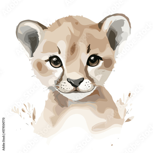 Lovely cougar vector illustration with expressive eyes in a gentle watercolor style