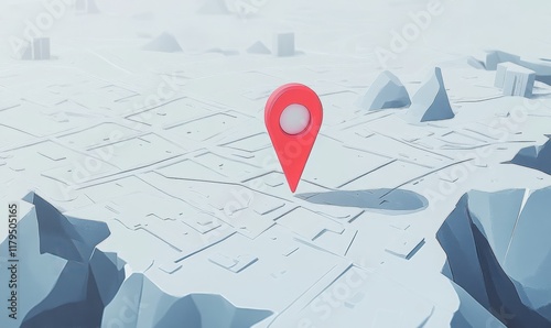 A red dot on a map of a city. The dot is a marker for a location. The map is of a city with a lot of buildings and a lot of snow. Google maps 3D