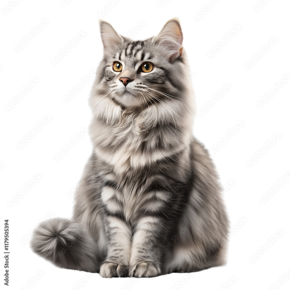 Obraz premium A gray Maine Coon cat sitting on the ground, transparent background PNG