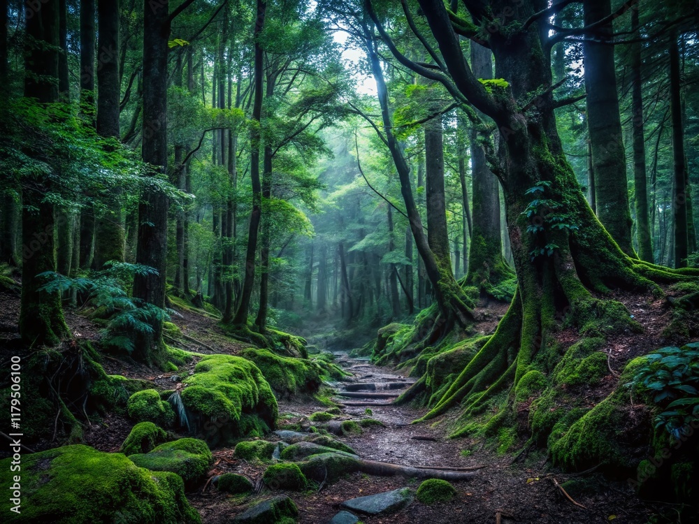 Obraz premium Eerie Aokigahara Forest Path: Mysterious Trees & Copy Space for Hopeful Messaging