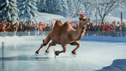 A camel awkwardly sliding and attempting to skate on an ice rink in the middle of a winter park, surrounded by snow-covered trees and a crowd of people laughing and cheering in the background.