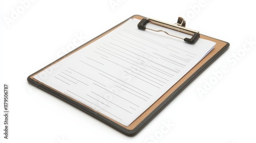 A clipboard with a blank patient intake form, isolated on a bright white background,