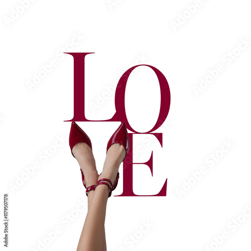 LOVE Typography with Red High Heels on White Background, Valentine's Day celebration photo