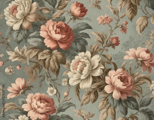 Elegant Vintage Floral Pattern:  Soft Pastel Roses, Peonies, and Lush Greenery on a Textured Background, Seamless Repeat for Textile Design