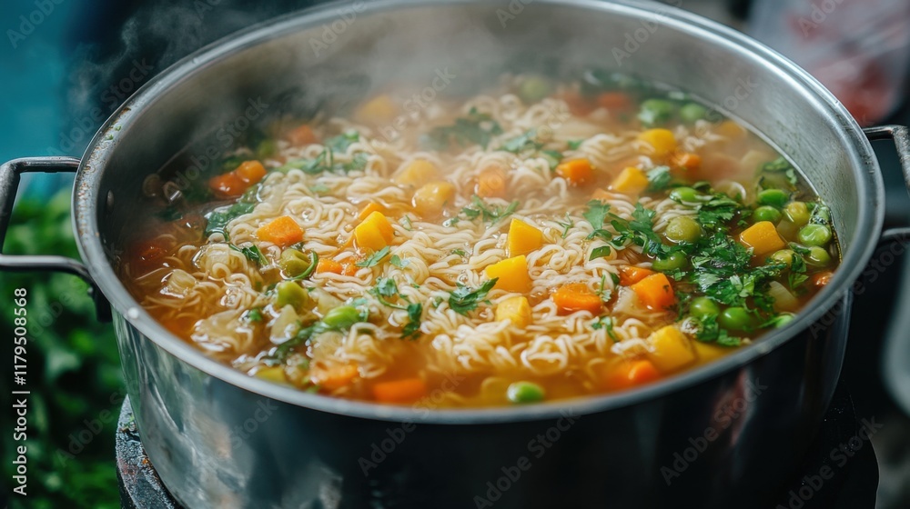 Steaming Vegetable Noodle Soup in a Metal Pot, Delicious and Warm Steaming Vegetable Noodle Soup in a Metal Pot, Delicious and Warm