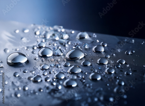 Wallpaper Mural Close-up of water droplets on a dark, reflective surface.  The droplets vary in size and exhibit high surface tension, creating a mesmerizing display of light and shadow. Torontodigital.ca
