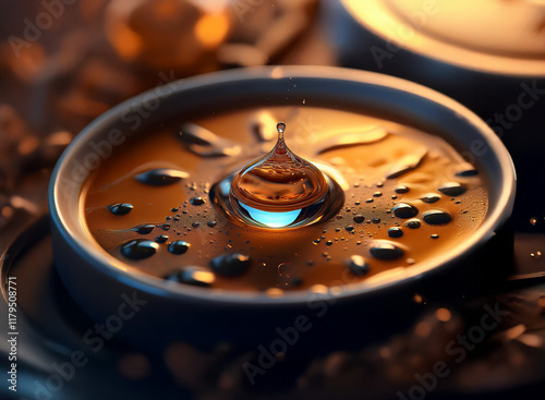 A close-up shot reveals a glistening droplet of liquid, suspended momentarily above a pool of similar substance within a metallic container.  The scene is bathed in warm, golden light, highlighting th