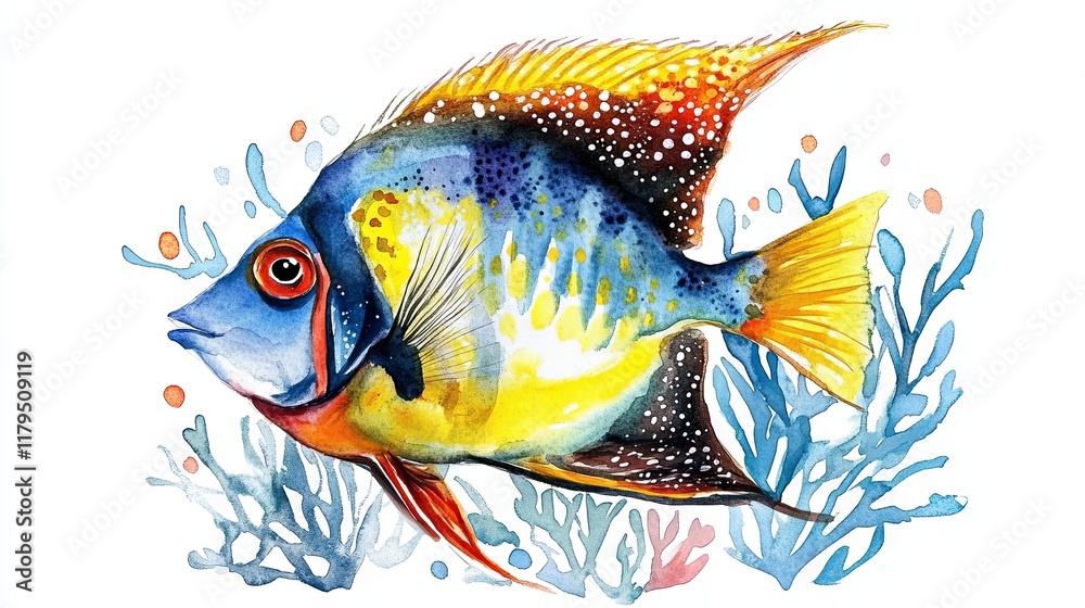 Fototapeta premium Fish and corals watercolor 