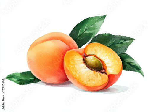 Watercolor apricot with leaves, showcasing soft orange hue isolated design on white background