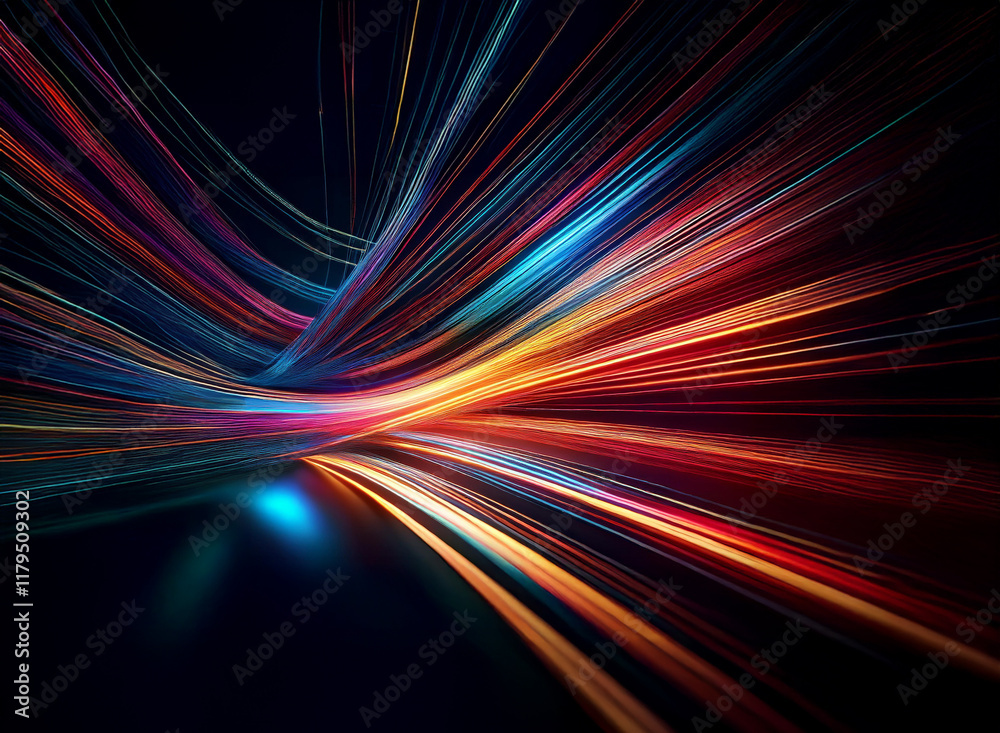Abstract image of vibrant, multicolored light streaks curving and converging, creating a dynamic, energetic composition. The dark background enhances the luminosity of the colorful light trails. Abstract image of vibrant, multicolored light streaks curving and converging, creating a dynamic, energetic composition. The dark background enhances the luminosity of the colorful light trails.