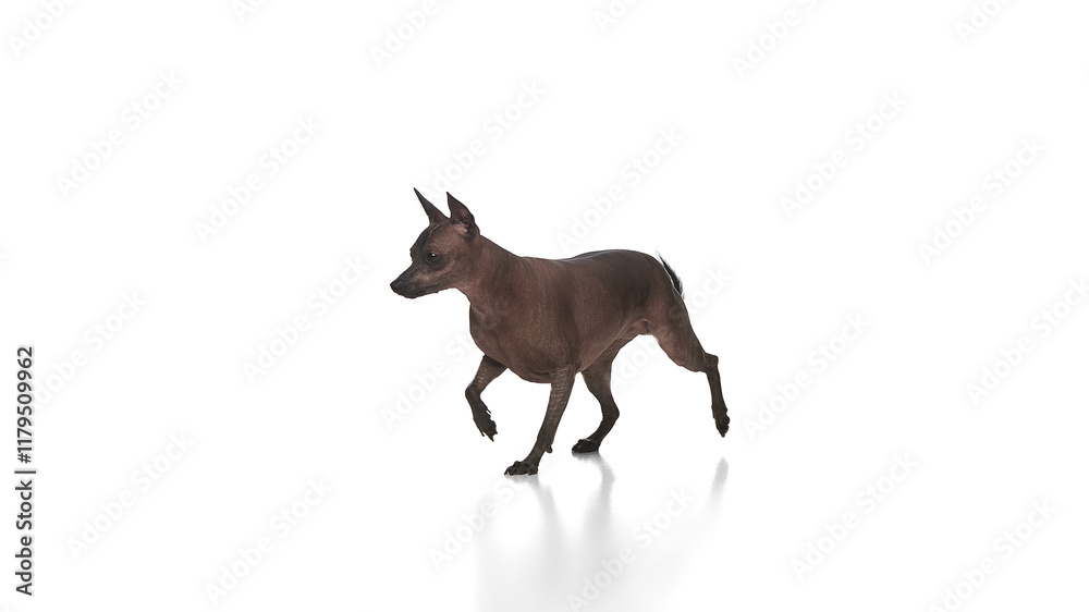 Adorable dog, purebred hairless Xoloitzcuintli Mexican in motion, walking and exploring against white background. Concept of animals, vet care, pets, companion. Copy space for ad Adorable dog, purebred hairless Xoloitzcuintli Mexican in motion, walking and exploring against white background. Concept of animals, vet care, pets, companion. Copy space for ad