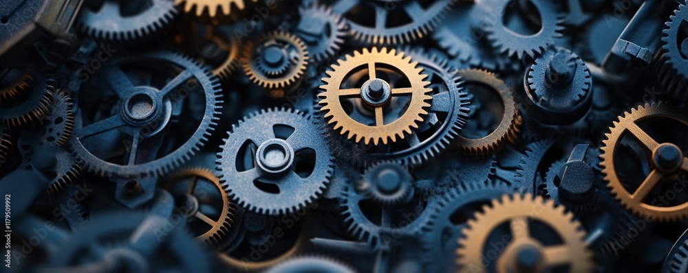 Interlocking gears rotating in complex mechanism, teamwork and collaboration concept Interlocking gears rotating in complex mechanism, teamwork and collaboration concept