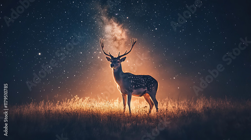 A deer stands illuminated against a starry night sky, creating a mystical atmosphere.