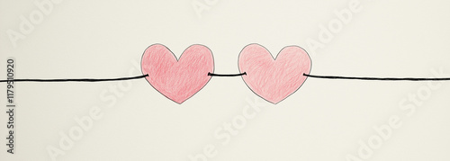 Cute Cartoon Style Connected Pink Hearts Clip Art, Simple Line Drawing on White Background, Minimalist Illustration for Children's Books and Decor.