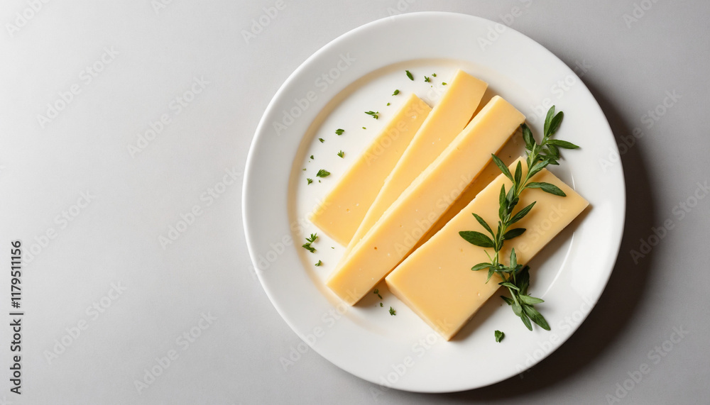Norwegian Brown Cheese Slices Arranged on Plate with Herbs, Top View with Copy Space Norwegian Brown Cheese Slices Arranged on Plate with Herbs, Top View with Copy Space